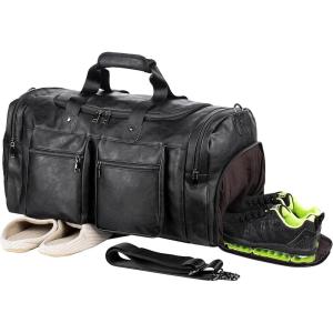 image:imageLeather Travel Bag with Shoe PouchWeekender Overnight Bag Waterproof Leather Large Carry On Bag Travel Tote Duffel Bag for Men or WomenBrownBlack
