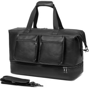 image:imageTravel Duffle Bag Leather Overnight Bag for Mens Women Carry on Bag Weekender Bags Travel Tote Bags Large Duffle BagBlack
