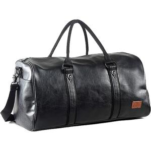 image:imageLeather Travel Bag with Shoe Pouch Waterproof Weekender Overnight Bag Carry On Duffel Bag for Men WomenBlack20inch