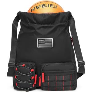 image:imageseyfocnia Drawstring Backpack Tactical String Bag with Zipper Pockets Waterproof Cinch Bag Sport Gym Sackpack  BlackBlack