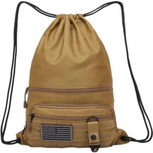 image:imageseyfocnia Drawstring Backpack Tactical String Bag with Zipper Pockets Waterproof Cinch Bag Sport Gym Sackpack  BlackKhaki