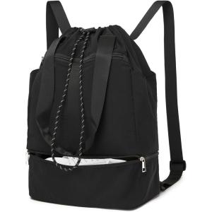 image:imageseyfocnia Drawstring Gym Backpack with Shoe Compartment String Gym Bag Sackpack for Women Waterproof Travel Tote Sports Bags Cinch Beach Swim Travel Workout Bag WhiteBlack