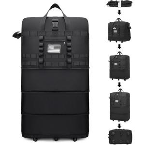 image:imageFoldie Travel Bag ExpandableTactical Foldable Duffle Bag for Travel Duffle Bag with Wheels and Handle Rolling Duffel Bag with Wheels Collapsible Luggage Military Weekend BagsBlack