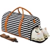 image:imageWeekender Duffel Bag Canvas Leather Weekend Overnight Travel Bag with Shoe Pouch Carry On Tote Bag with Shoe PouchBlackWhite Striped