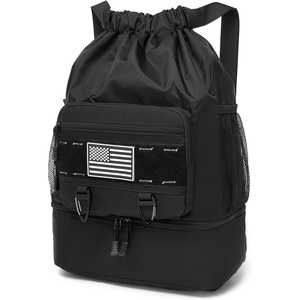 image:imageseyfocnia Drawstring Backpack Tactical String Bag with Shoe Compartment Waterproof Gym Drawstring Bags Cinch Bag Sport Gym Backpack for Men Black